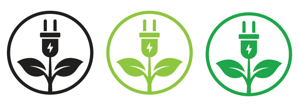 Eco Electric Plug with Green Leaf Icons Representing Renewable Energy, Sustainable Electricity, Clean Power and Environmental Conservation Vector Set