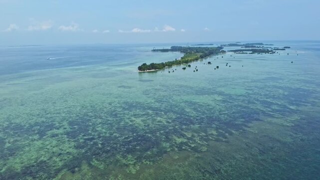 Aerial view of a tropical island archipelago surrounded by clear turquoise sea and coral reefs. Drone shot of an island strip with green trees in the ocean. Pari island in Indonesia 
