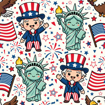 A US Independence-themed illustration featuring Uncle Sam, the Statue of Liberty, an eagle, the flag, and various fireworks accents. Suitable for wrapping paper, printed fabric, and a variety of other