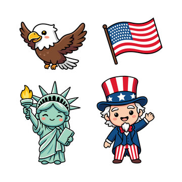 An illustration featuring various US-themed icons, including Uncle Sam, the Statue of Liberty, an eagle, and the flag. Suitable for logos, stickers, and other decorative uses.