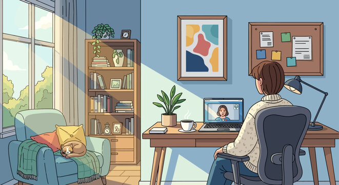 Cozy Home Office Video Call Illustration