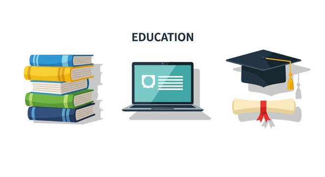 Education Icon Set with Books and Graduation Cap
