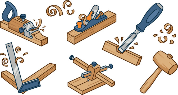 Traditional Carpentry and Woodworking Process Icon Set with Hand Planers Wood Chisel Wooden Mallet Try Square Marking Gauge and Shavings Vector