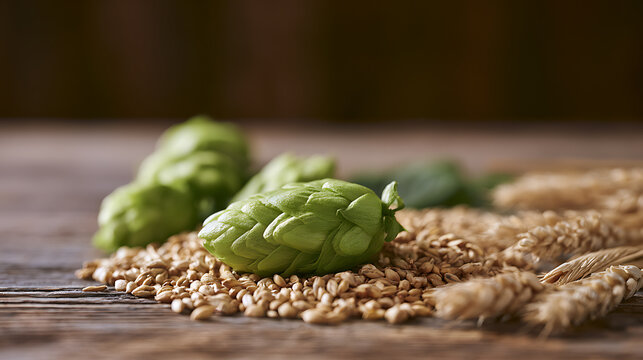 Fresh Green Hops Cones and Golden Cereal Grains on Rustic Wood Background, Essential Ingredients for Natural Brewing Process and Flavor