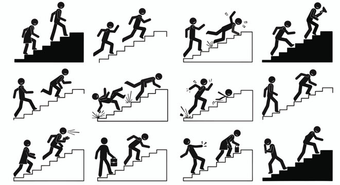 Vector collection of stick figure pictograms illustrating people climbing up stairs, running, tripping, falling down, and walking in various motion and safety scenarios.