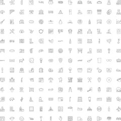 Fototapeta premium Diverse set of outline icons illustrating common objects, activities, concepts, and food items, representing a wide variety of daily life and professional themes for graphic design