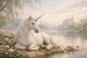 Fototapeta premium A majestic white unicorn resting beside a tranquil lakeshore at sunrise, surrounded by soft wildflowers and a dreamlike fairytale landscape.