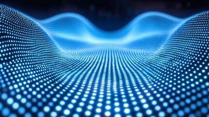 Naklejka premium Abstract Background Featuring A Blue Glowing Digital Wave Pattern Created With Rows Of Light Dots.