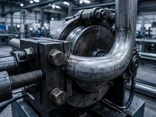 Fototapeta premium Industrial Metal Pipe Bending Machine Processing Steel Tube in Factory Workshop Background