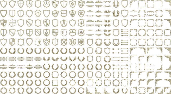 Luxury heraldic frame and badge collection featuring shield emblems, laurel wreaths, ornamental borders and vintage decorative vector set