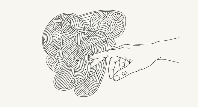 Hand untangling complex line pattern for problem solving and logic