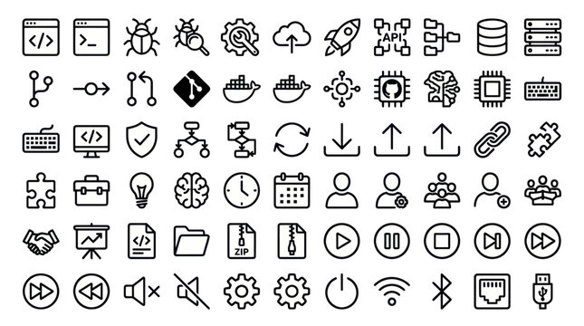 Black line software development and technology icons.