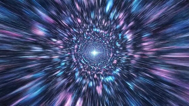 Abstract colorful cosmic tunnel with glowing light and motion blur representing space travel or time warp