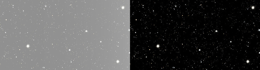 Abstract white starfield overlay, twin realistic space stars texture on black and grey background wide banner. Cinematic minimalist monochrome night sky magic sparkles effect © Lumına Studıo