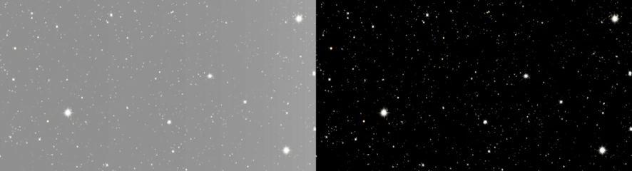 Fotobehang Sterrenhemel Abstract white starfield overlay, twin realistic space stars texture on black and grey background wide banner. Cinematic minimalist monochrome night sky magic sparkles effect  © Lumına Studıo