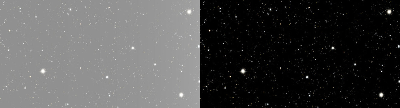 Abstract white starfield overlay, twin realistic space stars texture on black and grey background wide banner. Cinematic minimalist monochrome night sky magic sparkles effect
