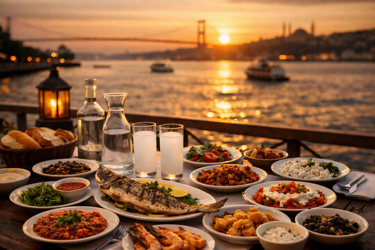 A traditional Turkish rakı and meze table overlooking the Bosphorus at sunset, showcasing Istanbul&rsquo;s vibrant culinary culture and unforgettable waterfront dining experience.