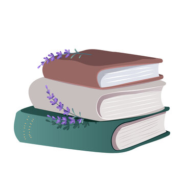 Stack of vintage books with lavender flowers vector illustration. Education, reading, and cozy learning concept. Old books pile adorned with purple lavender sprigs. Rustic design isolated on white.