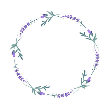  Lavender floral wreath vector frame isolated on white background. Hand drawn lavender circle border for wedding invitation and organic cosmetics label. Lavender flowers wreath in Provence style