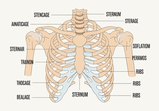 Anatomical illustration of the human rib cage and sternum with labels.