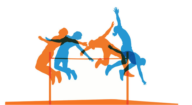 Abstract colorful overlapping silhouettes of track and field athletes performing a high jump over a crossbar on white background, showing sequential stages of motion and dynamic energy.