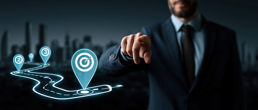 Driven executive charts a strategic path forward, touching a luminous virtual roadmap with milestone pins and bullseye target ideal for business planning, leadership, or digital.