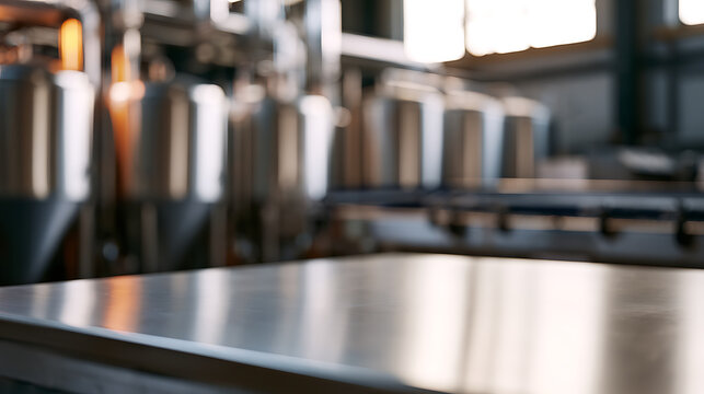 Industrial Background: Empty Steel Table in Focus Against a Blurry Brewery or Factory Production Line with Shine and Bright Lighting