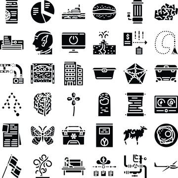 Collection of various solid glyphe icons representing diverse concepts including nature, technology, finance, travel, food, and development for use in web and print applications