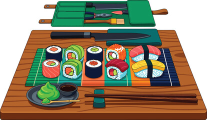 Japanese Sushi Making Kit with Chef Knife Roll, Salmon Nigiri, Tuna Uramaki Rolls, Wasabi, and Chopsticks on Wooden Cutting Board for Asian Culinary Masterclass Vector © KP Studio