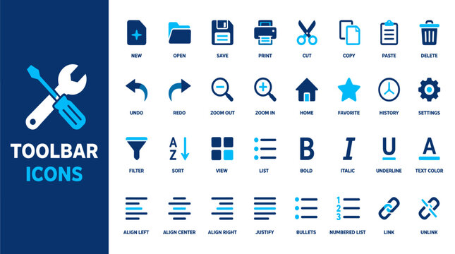 Collection of toolbar icons for user interface design.