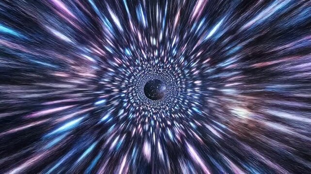 Abstract cosmic tunnel with bright colorful lights and glowing particles in space vortex effect