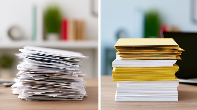 Comparison of disorganization and organization through stacked papers, showcasing messy workload versus neat, manageable files on a desk