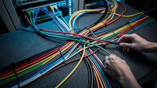 Colorful Network Cables Connected to Server Rack