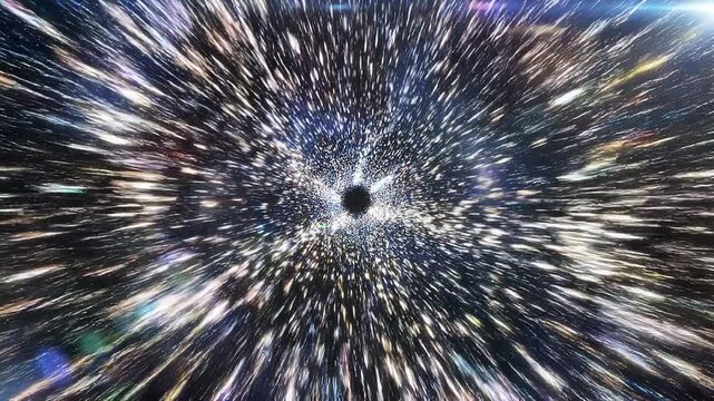Abstract cosmic tunnel with glowing particles and light streaks creating futuristic space vortex effect