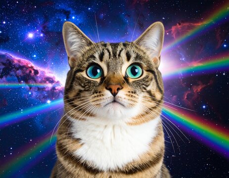 カラフルな星雲が広がる宇宙空間の背景に浮かぶオッドアイの猫の頭部デジタルイラスト