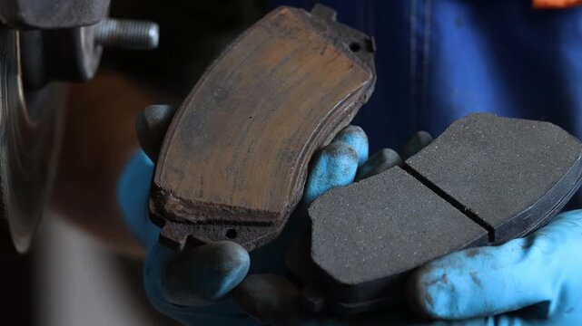 Close-up of brake pads with varying degrees of wear in the hands of a car mechanic.