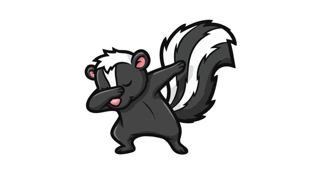 Vector illustration of a cute cartoon skunk performing a popular dab dance move. Stylized black and white woodland animal character with a bushy tail isolated on white background.