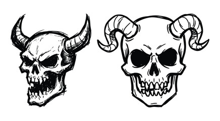 Fototapeta premium Two Skull Doodles Black Line Art With Horns On White Background