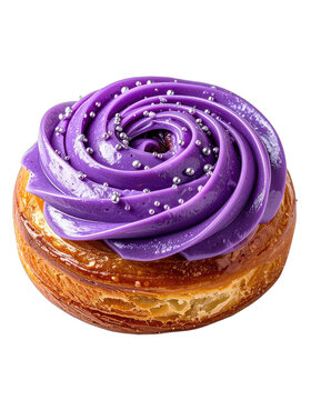A close-up shot of a delicious pastry topped with vibrant purple frosting and silver sprinkles.