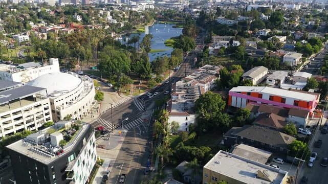 Urban landscape revealing Los Angeles downtown skyline with Echo Park Lake, Angelus Temple and Glendale Blvd during a sunny afternoon in southern California