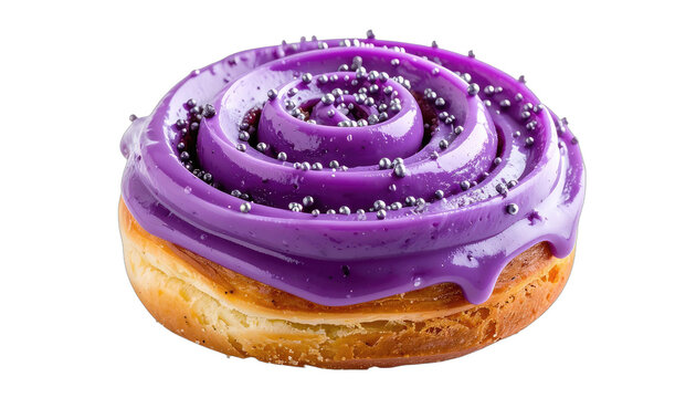 A delectable purple iced swirl pastry with silver sprinkles on a black background.