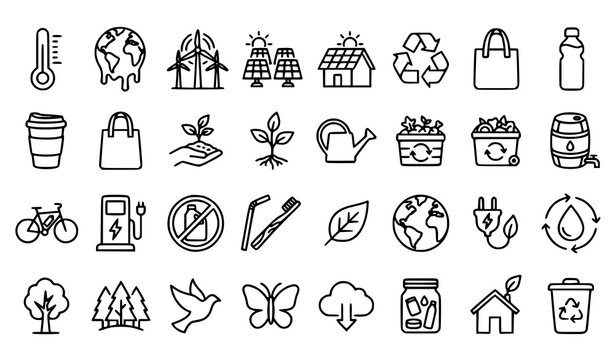 Minimal sustainability and zero waste outline icon collection with renewable energy recycling planting and eco living symbols isolated on white background