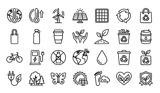 Ecology and zero waste living outline icon set with recycling renewable energy plastic free and sustainability symbols isolated on white background