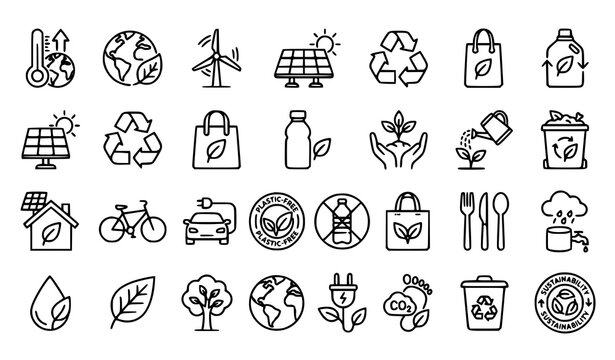 Minimal ecology and zero waste vector icon set with renewable energy recycling reusable products and environmental protection symbols isolated on white background