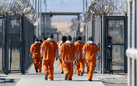 Prisoners Walking in Correctional Facility with Razor Wire Security Fencing in Horizon View