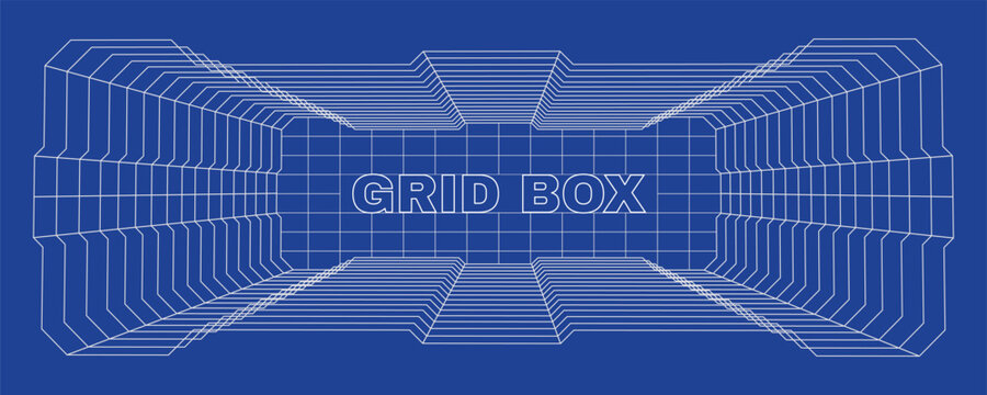 White wireframe of geometric boxes tunnel with grid box on plain blue background. Retro perspective space with digital 80s blueprint lines and futuristic engineering design. Cyber matrix concept