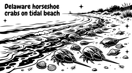horseshoe crabs gathering along a delaware tidal beach during seasonal spawning with shells gentle surf sandy shoreline and protected coastal habitat creating a unique wildlife scene © samira