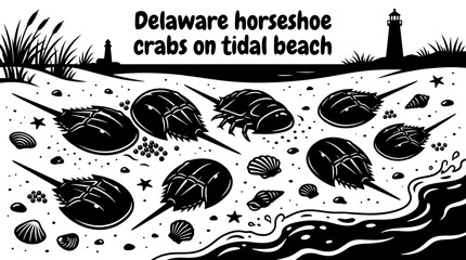 horseshoe crabs gathering along a delaware tidal beach during seasonal spawning with shells gentle surf sandy shoreline and protected coastal habitat creating a unique wildlife scene © samira