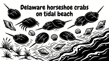 horseshoe crabs gathering along a delaware tidal beach during seasonal spawning with shells gentle surf sandy shoreline and protected coastal habitat creating a unique wildlife scene © samira