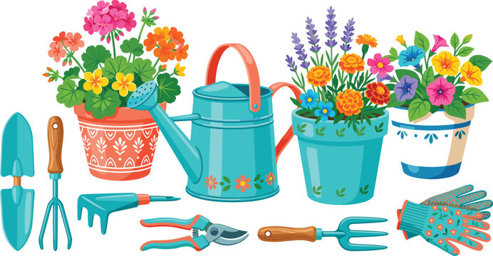 Gardening Tools and Potted Flowers Set with Watering Can, Hand Trowel, Pruning Shears, Lavender, and Geraniums for Spring Garden Hobby Designs Vector